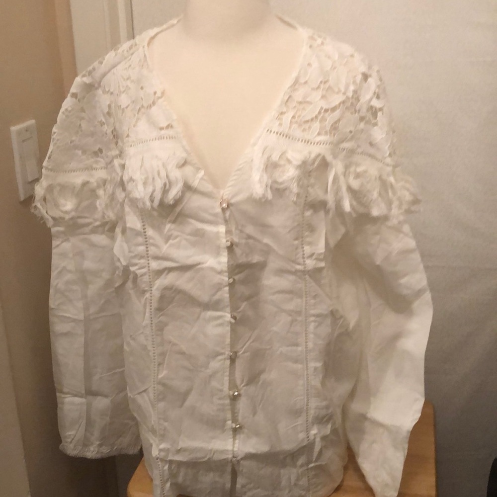 Beautiful lace and fringe button down top